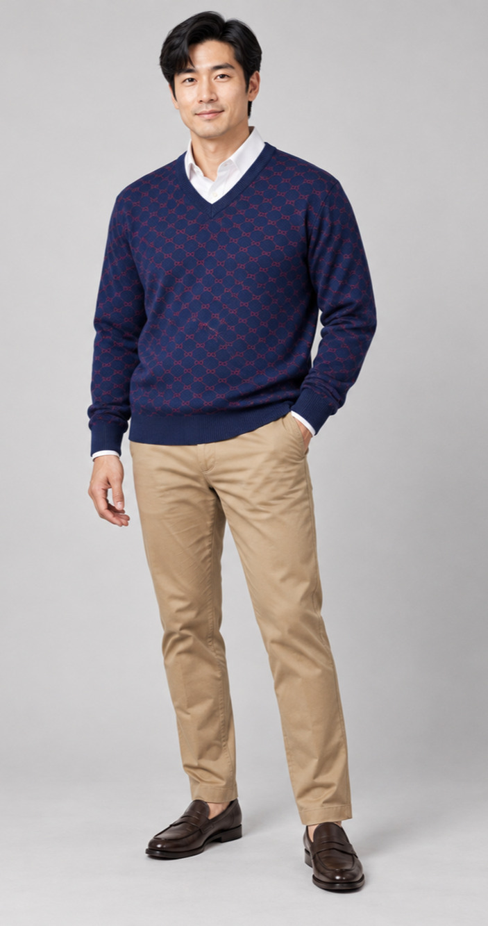 Pavini Men’s Large Navy Burgundy Monogram V-Neck Knit Sweater